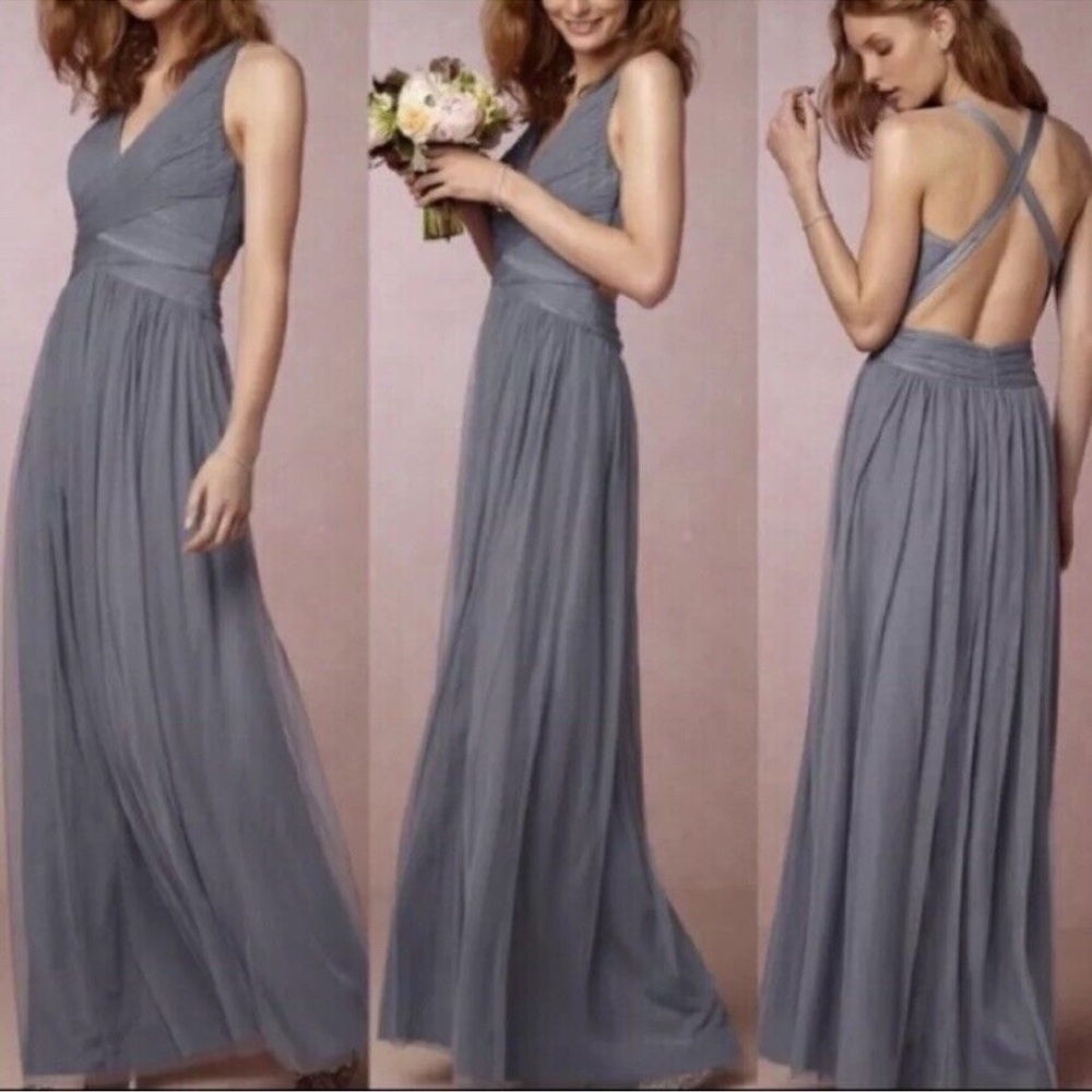 BHLDN Edith Tulle Crisscross Back Formal Dress Gray - Picture 11 of 11
